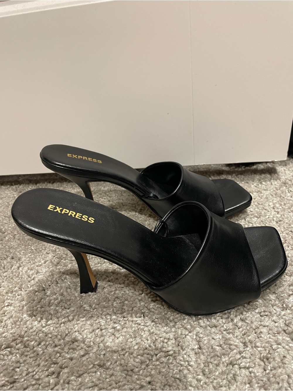 Express Black Leather Square-Toe Mule Heels